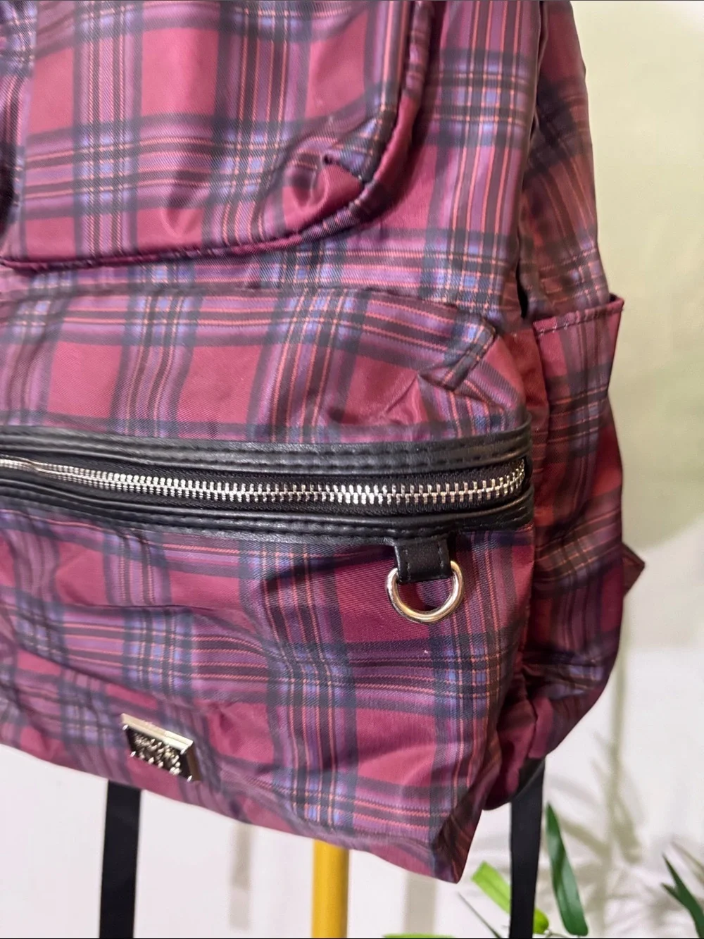 Madden NYC Burgundy Plaid Backpack with Front Zip Pocket shiny silver hardware